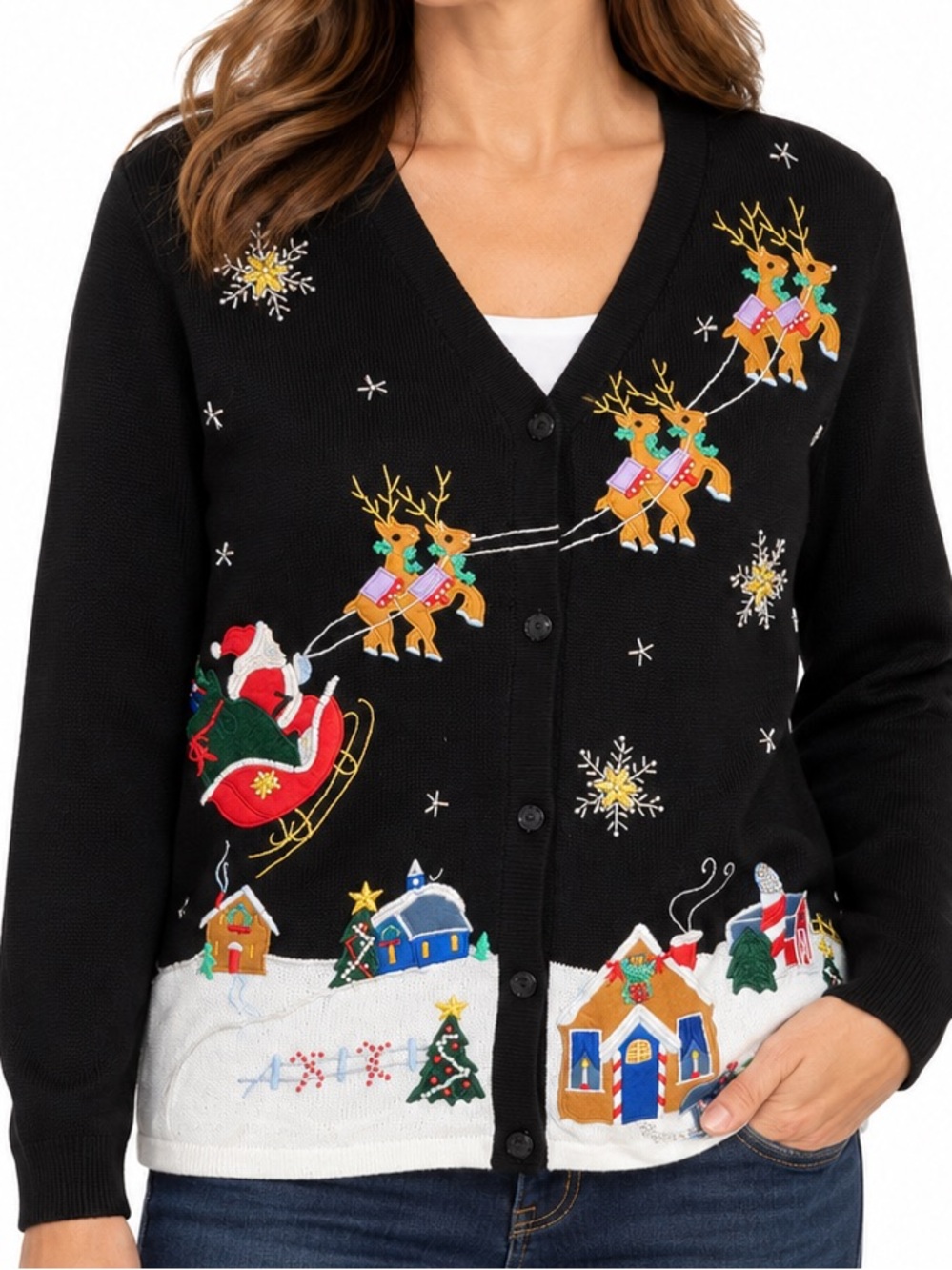 Victoria Jones Vintage Ugly Christmas Cardigan Santa Reindeer Embellished Sweate